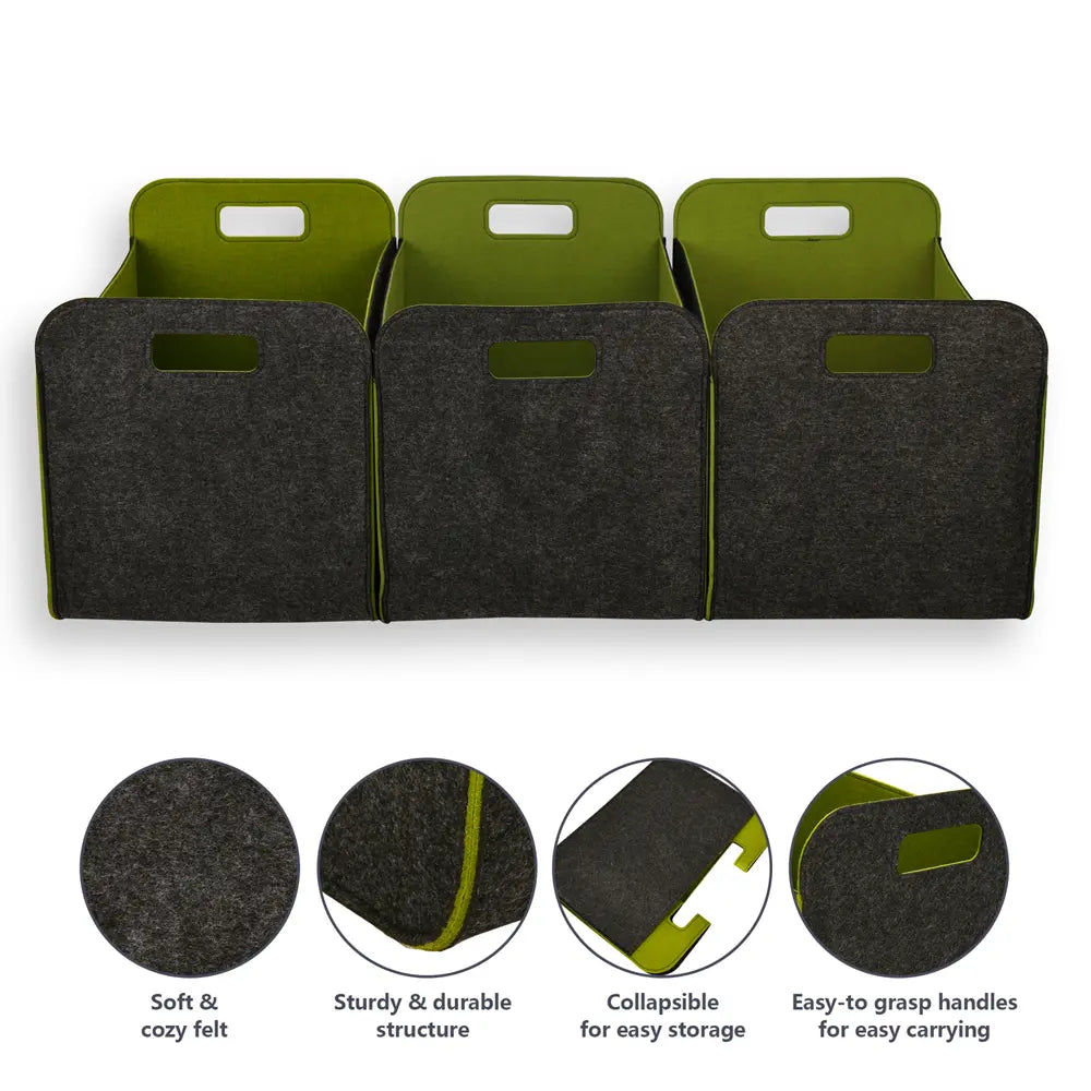 Set of three grey felt storage bins with green edges on a white background.