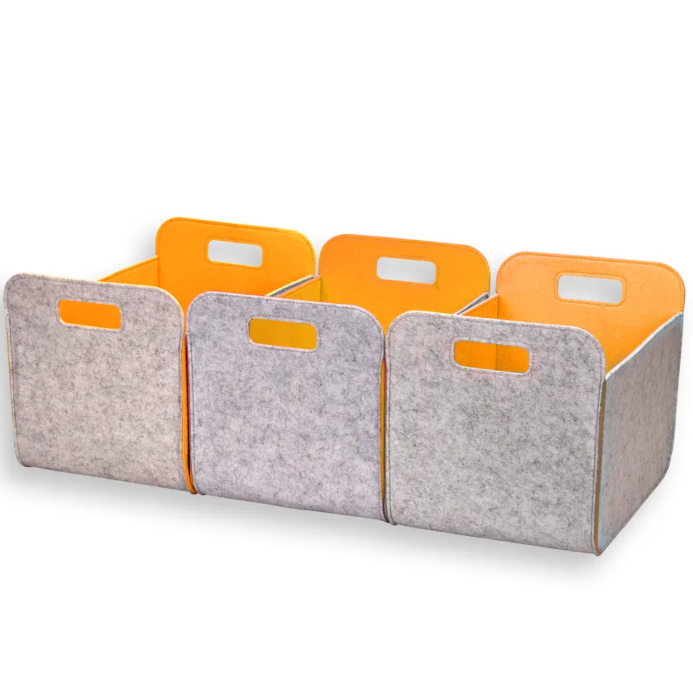 Set of three storage bins with orange interior and gray exterior on a white background