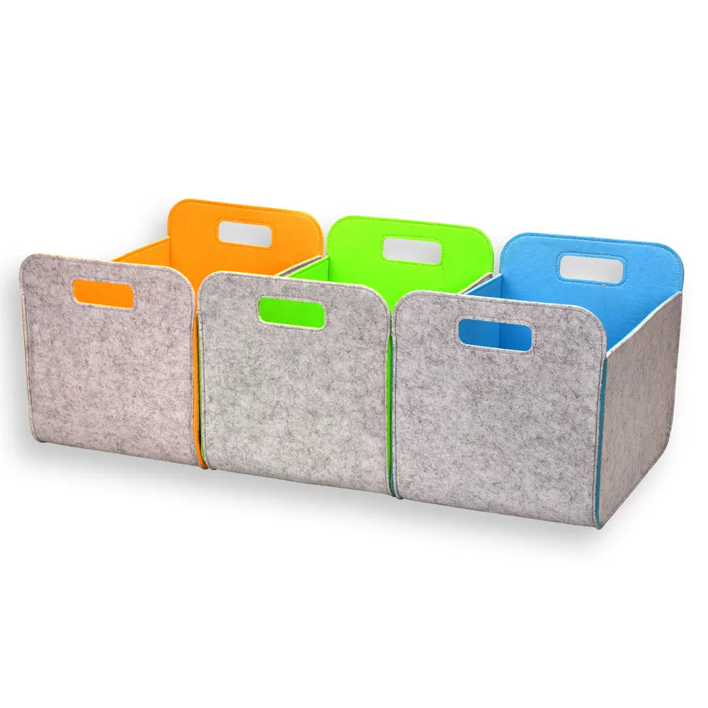 Set of four colorful storage bins with gray bases on a white background