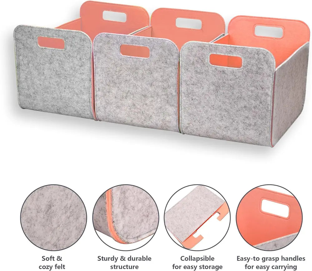 Set of gray storage bins with coral accents on a white background