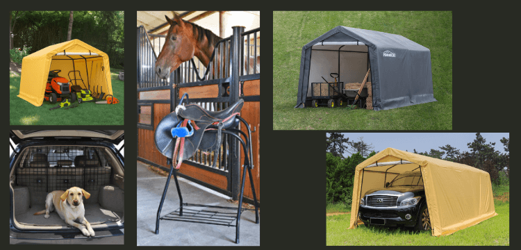 Collage of various storage solutions including a yellow storage shed, horse stall, and car trunk with a dog.