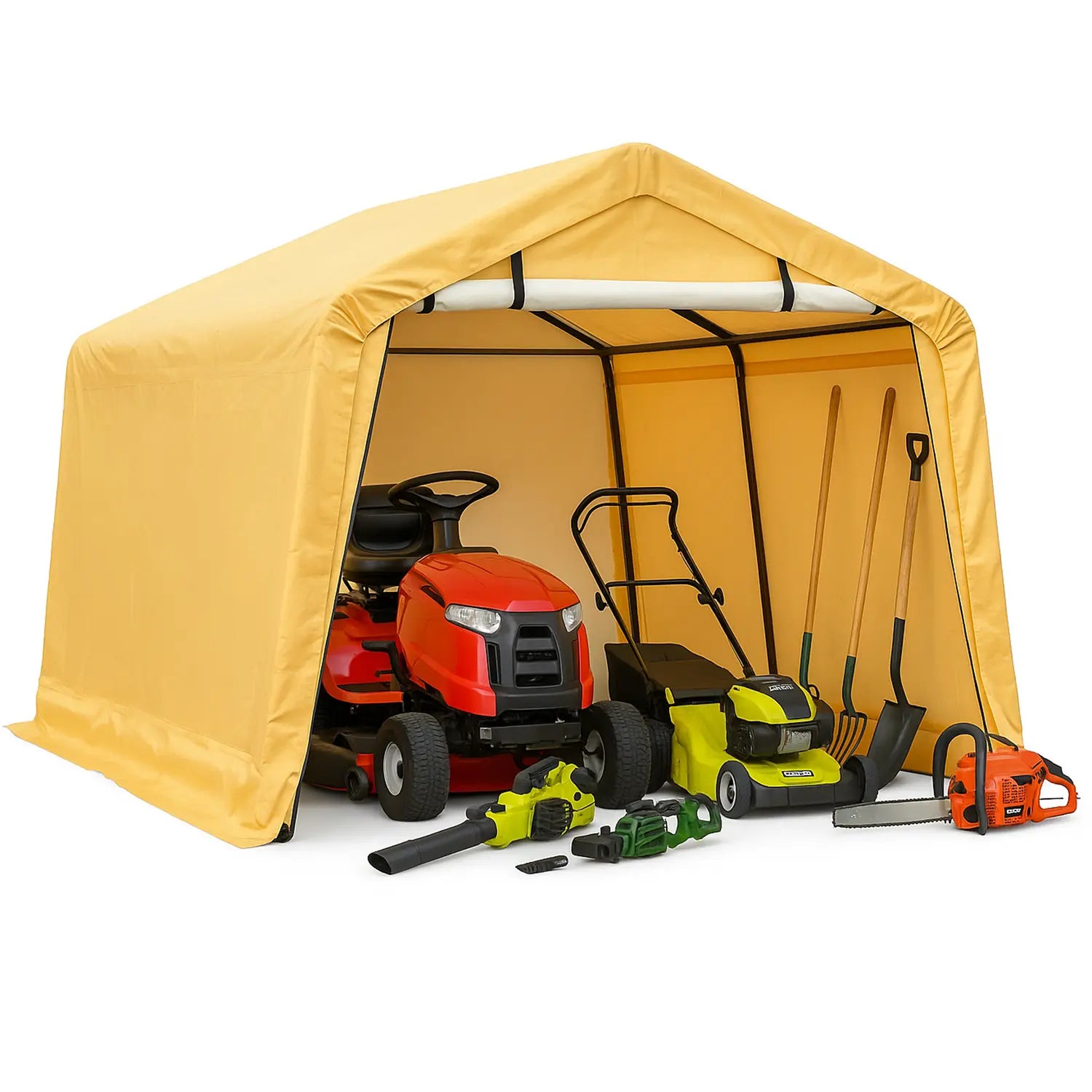 Yellow storage shed with lawn mower, lawnmower, and chainsaw inside on a white background