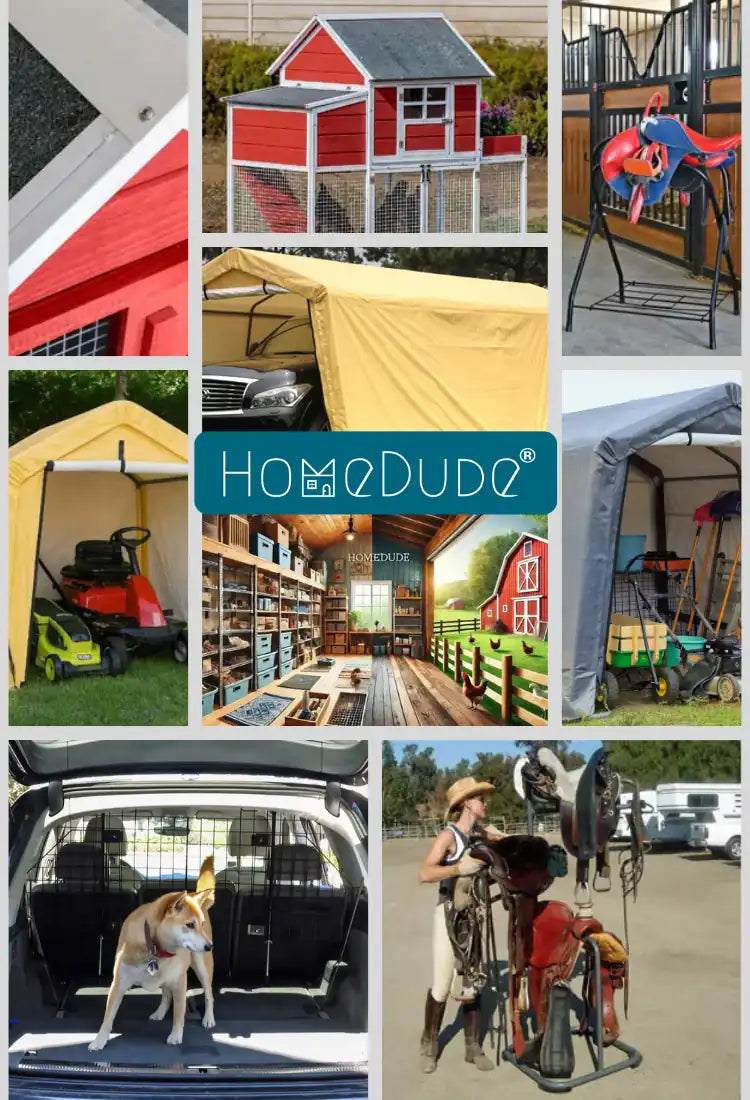 Collage of various products with 'HomeDude' brand logo in the center.