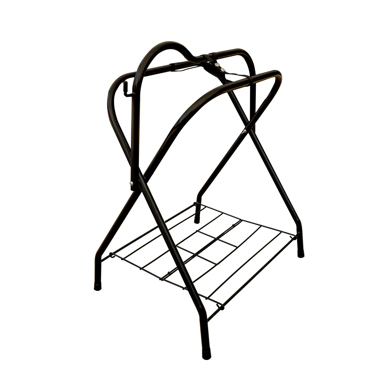 Horse saddle rack with handy mesh shelf and bridle hook 