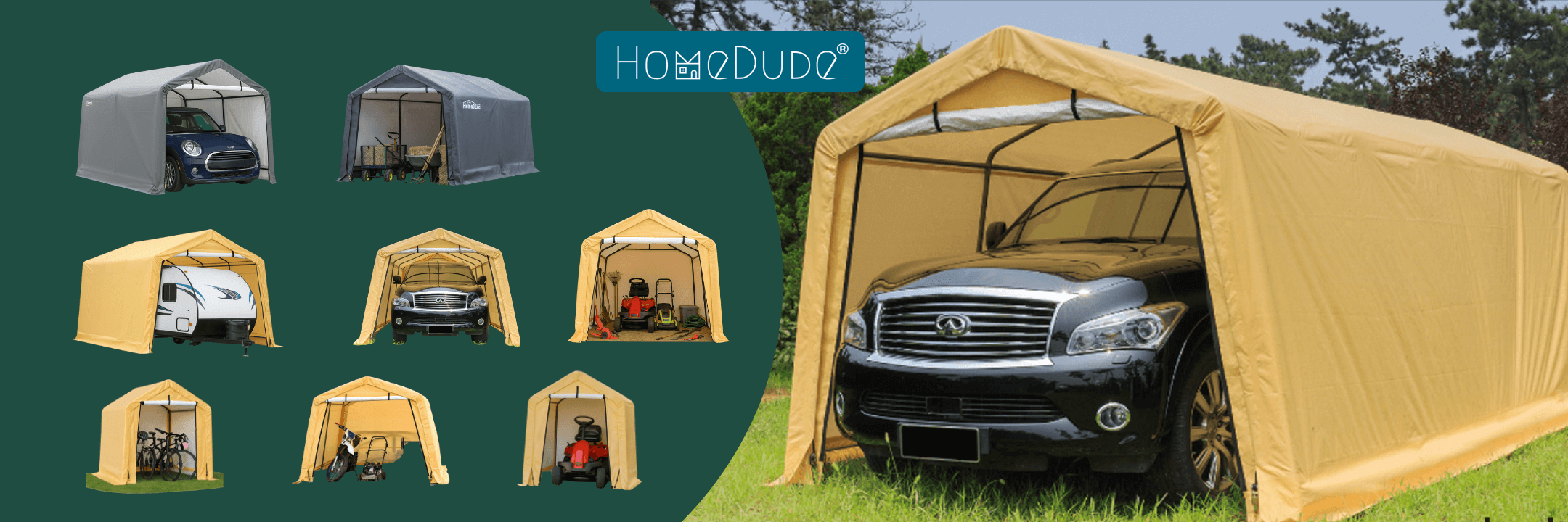 Yellow portable car shelter protecting a black SUV, with smaller product images showing various shelter sizes and uses for RVs, cars, and storage