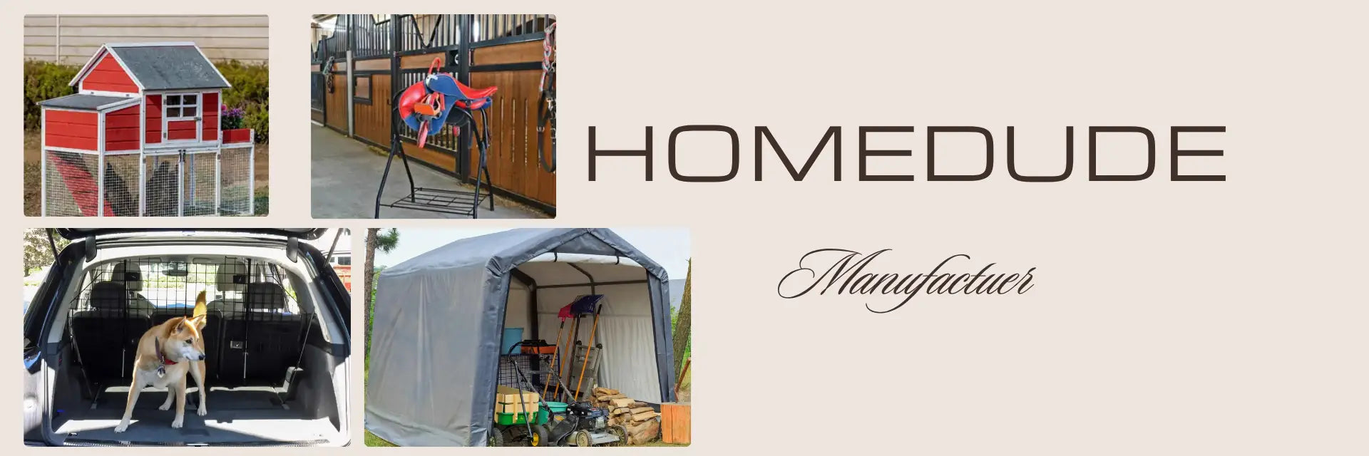 Collage of homedude produced products with 'Homedude' branding on a light background