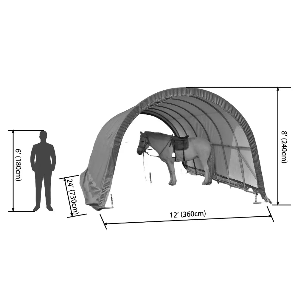 Measurement chart showing dimensions of a horse shelter with a silhouette of a person for scale.