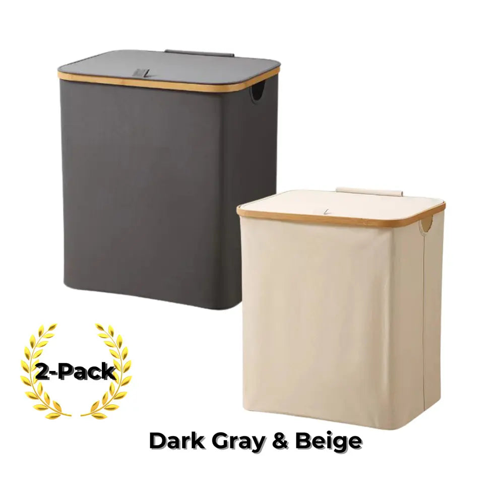Two laundry hampers, one dark gray and one beige, with a '2-Pack' label on a white background.