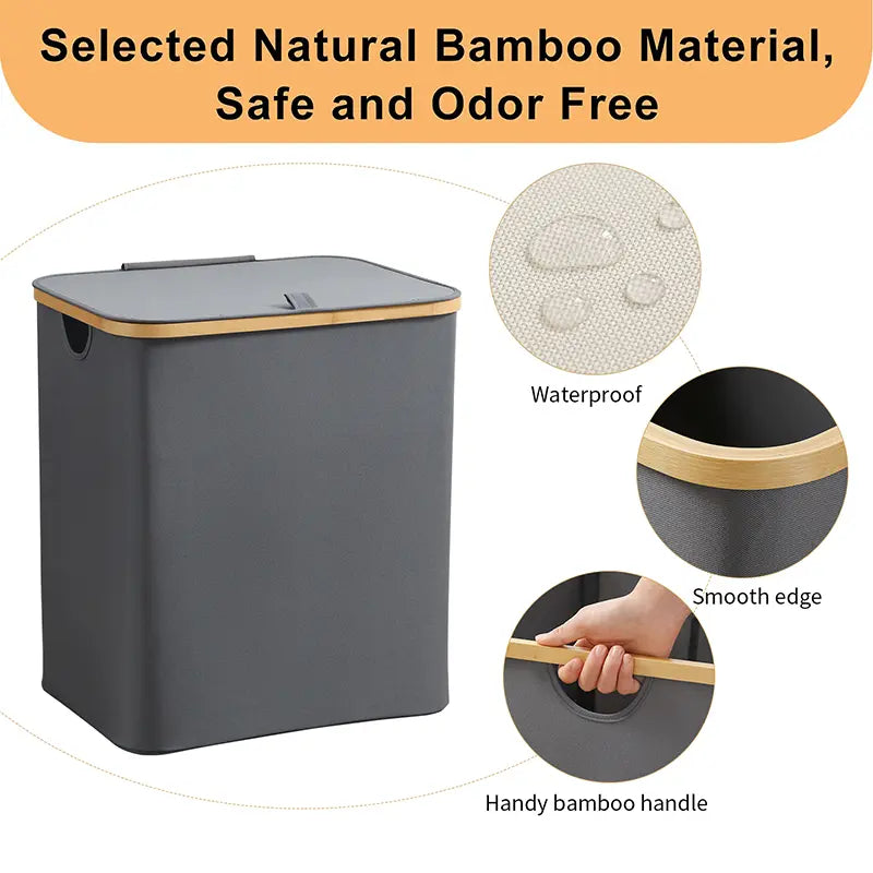 Gray trash bin with bamboo handle and features highlighted on a white background
