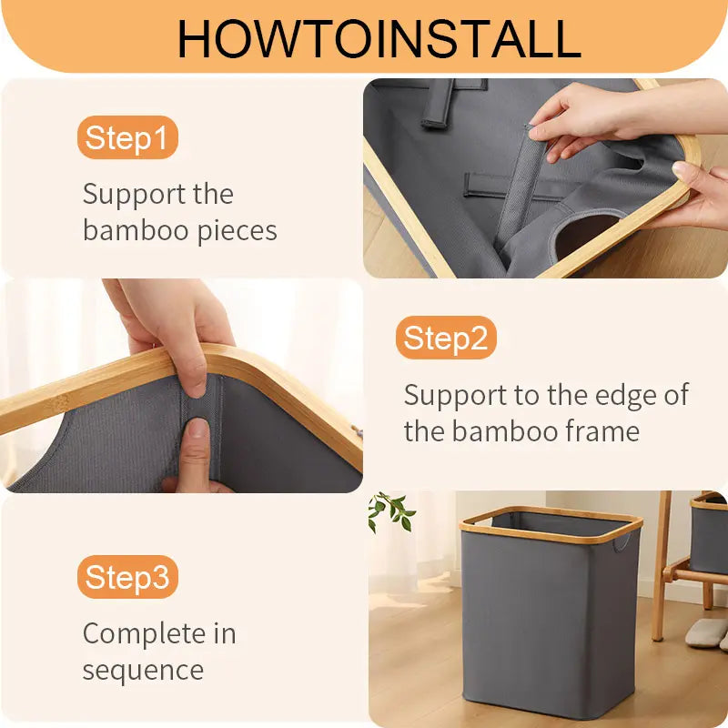 Step-by-step guide on how to install a bamboo frame with a gray liner.