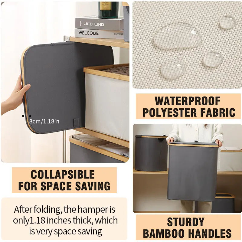 Collapsible hamper with waterproof polyester fabric and sturdy bamboo handles, shown in use and close-up details.
