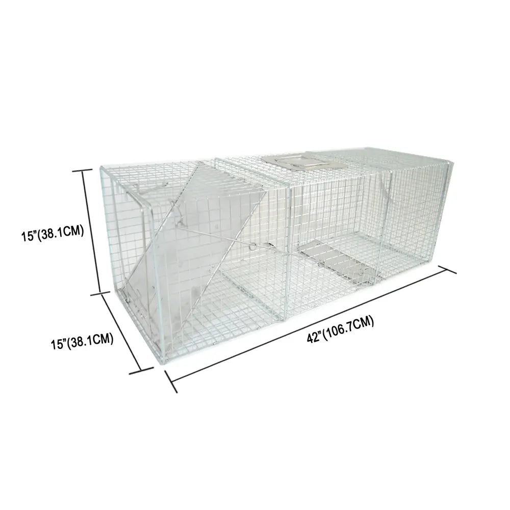 Metal trap with dimensions labeled on a white background