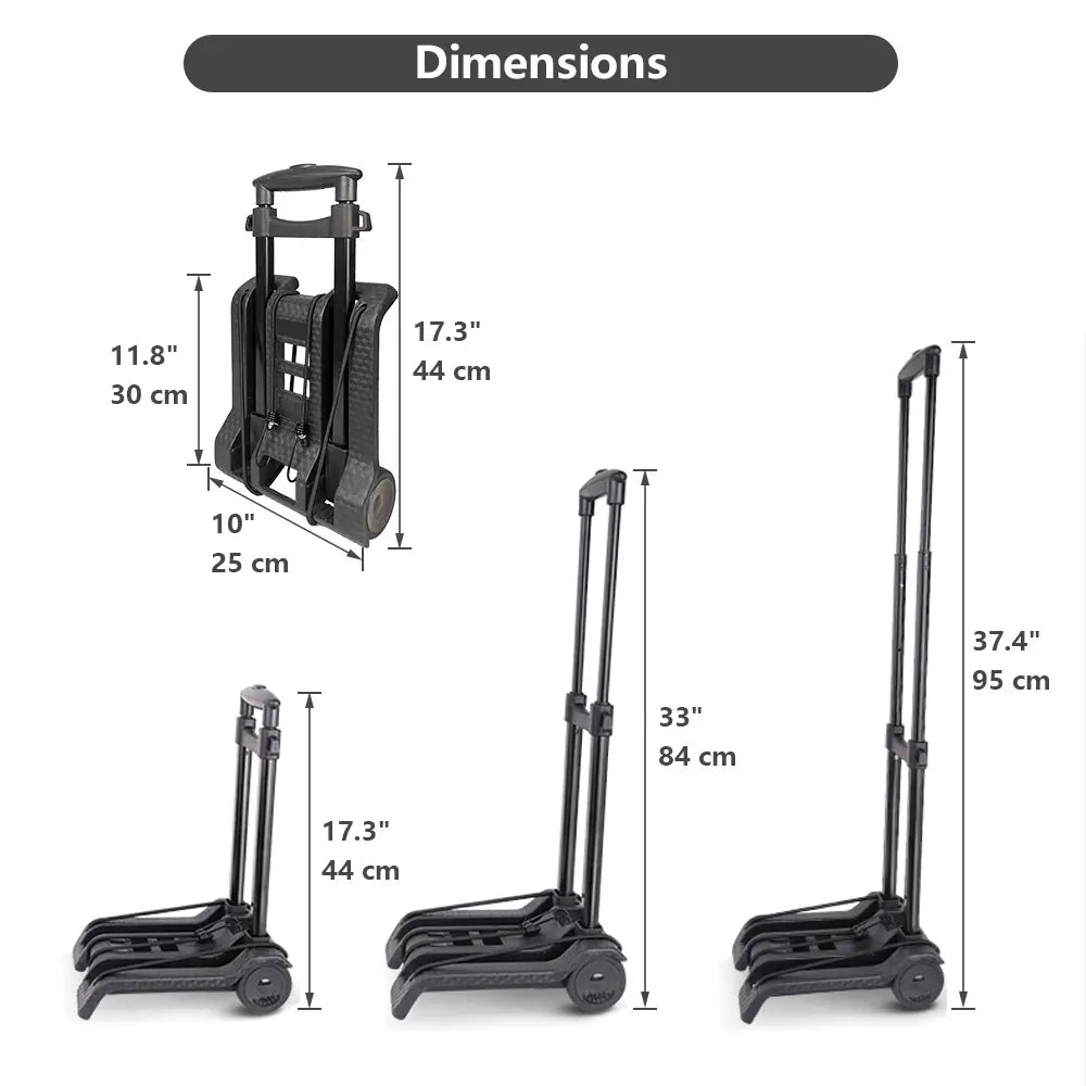 Dimensions of a black folding cart with measurements indicated.