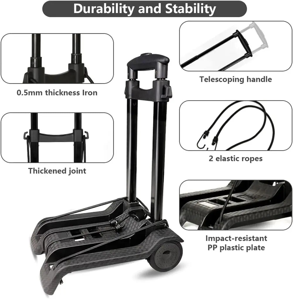 Black hand truck with durability features highlighted on a white background