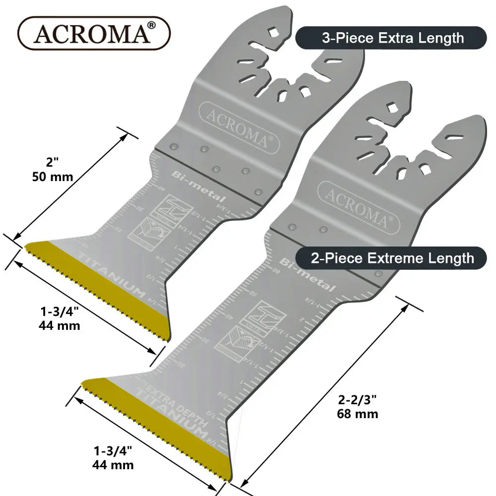 Two ACROMA oscillating tool blades with measurements on a white background