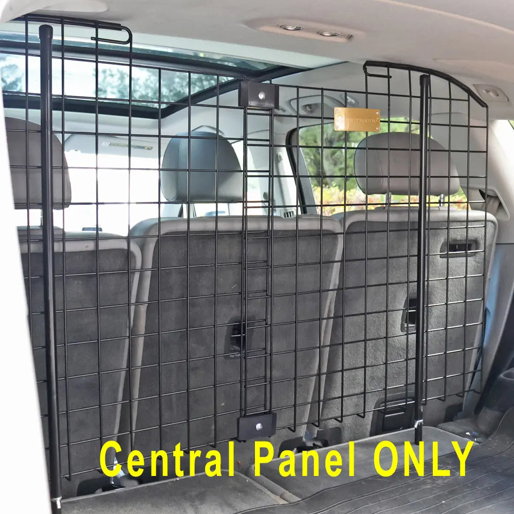 SUV interior with a black grid central panel for pet Barrier, labeled 'Central Panel ONLY' 