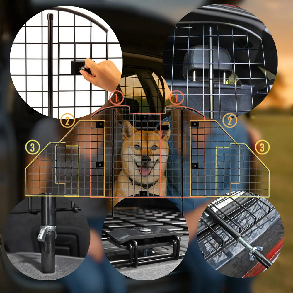 Dog SUV Barrier with a dog inside, showing assembly instructions.