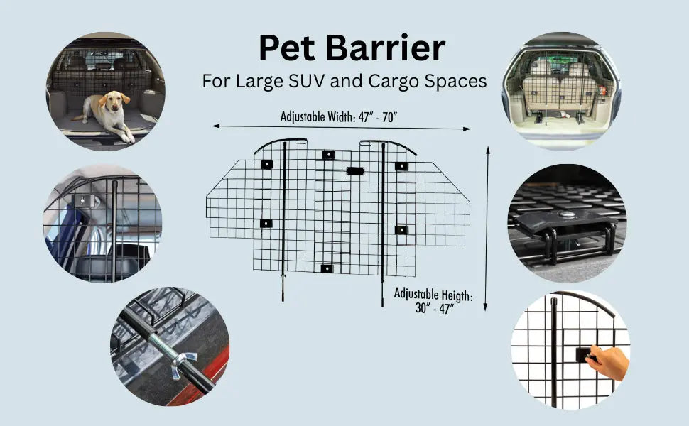 Pet barrier for large SUVs and cargo spaces with adjustable dimensions on a light blue background.