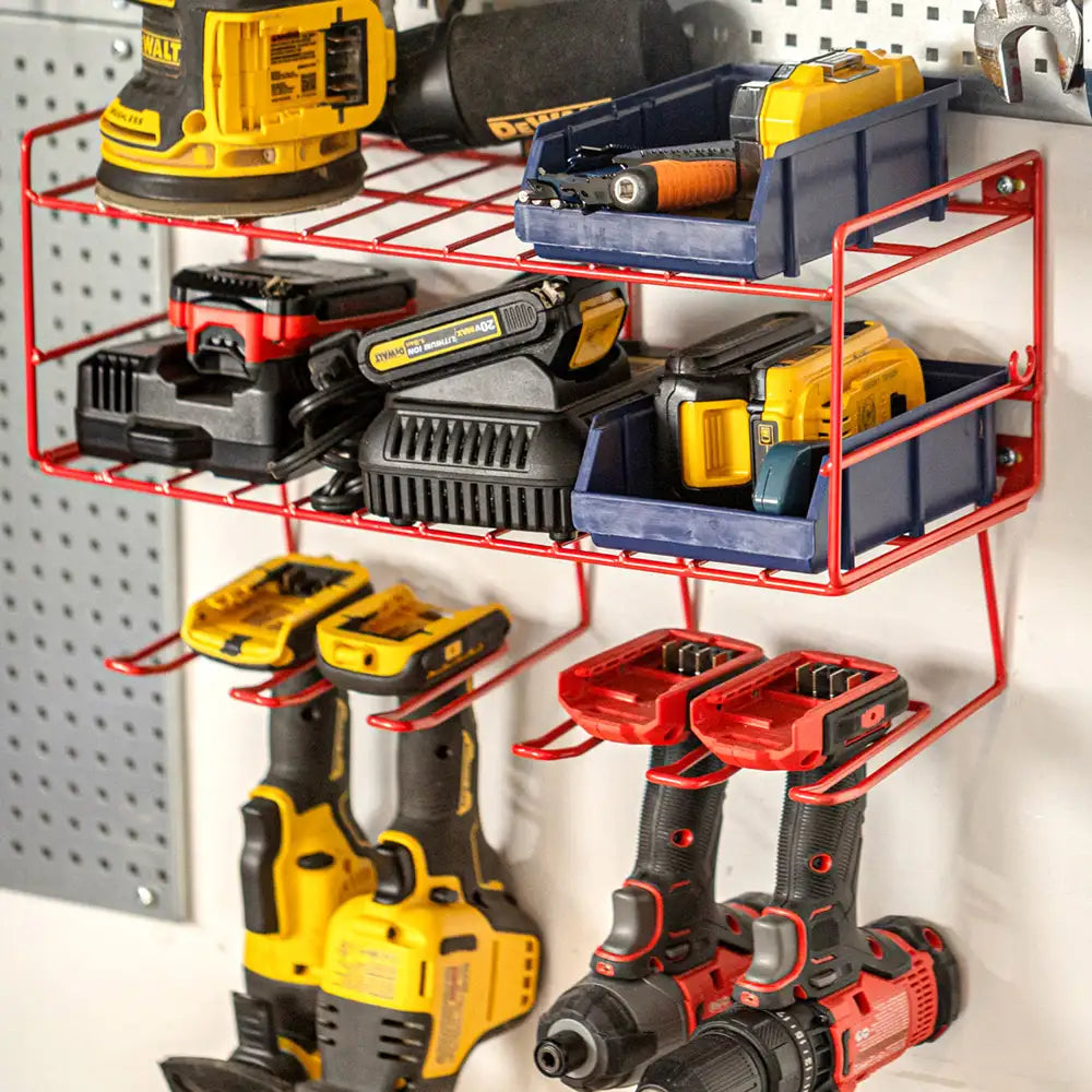 Power Tool Organizer – 3-Tier Wall Mount Drill & Battery Storage Rack with Adjustable Holders (Black / Yellow / Orange / Green / Red)