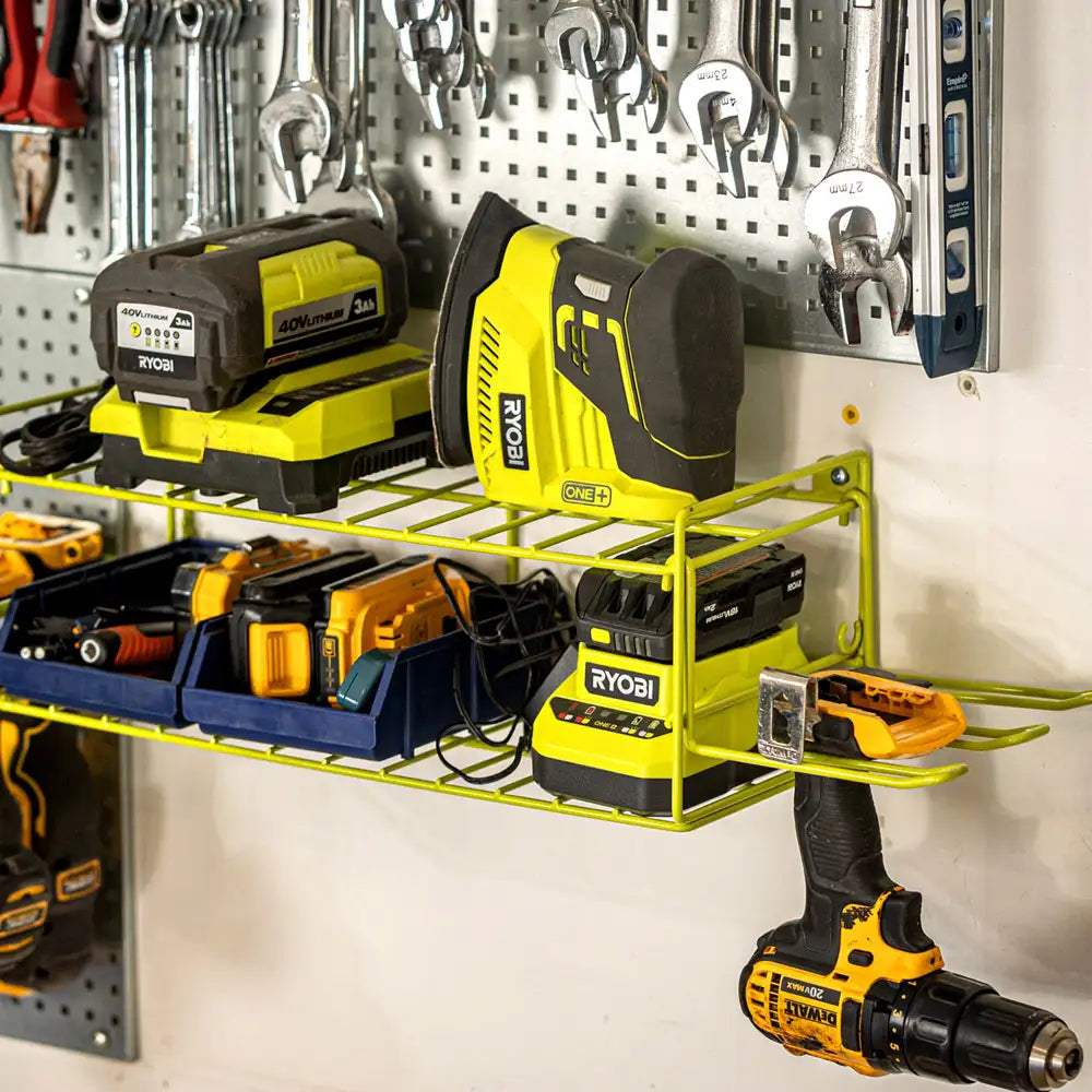 Power Tool Organizer – 3-Tier Wall Mount Drill & Battery Storage Rack with Adjustable Holders (Black / Yellow / Orange / Green / Red)