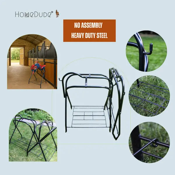 Folded horse saddle rack showing compact design for easy storage and details
