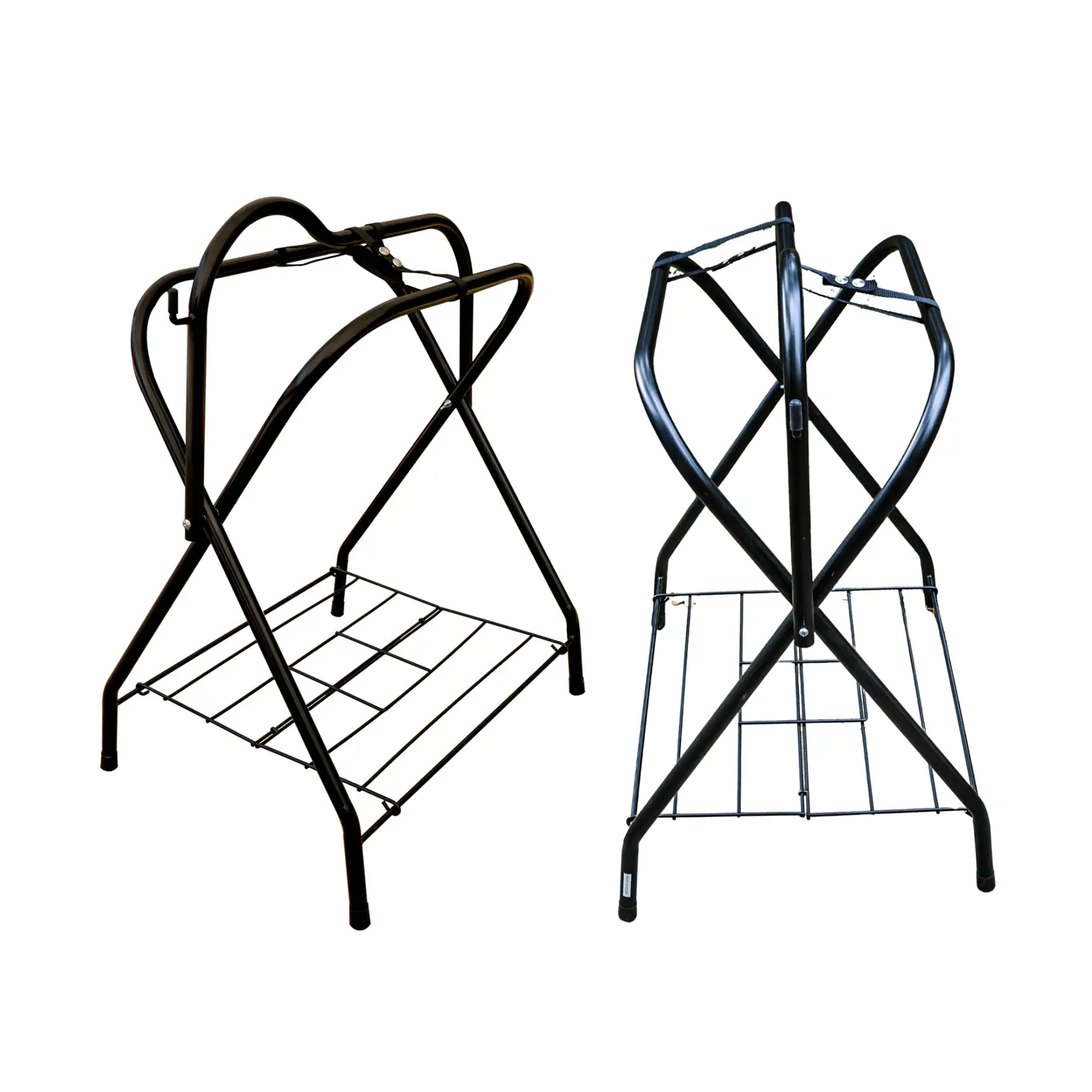 Two horse saddle racks on a white background, ready to serve tack gears