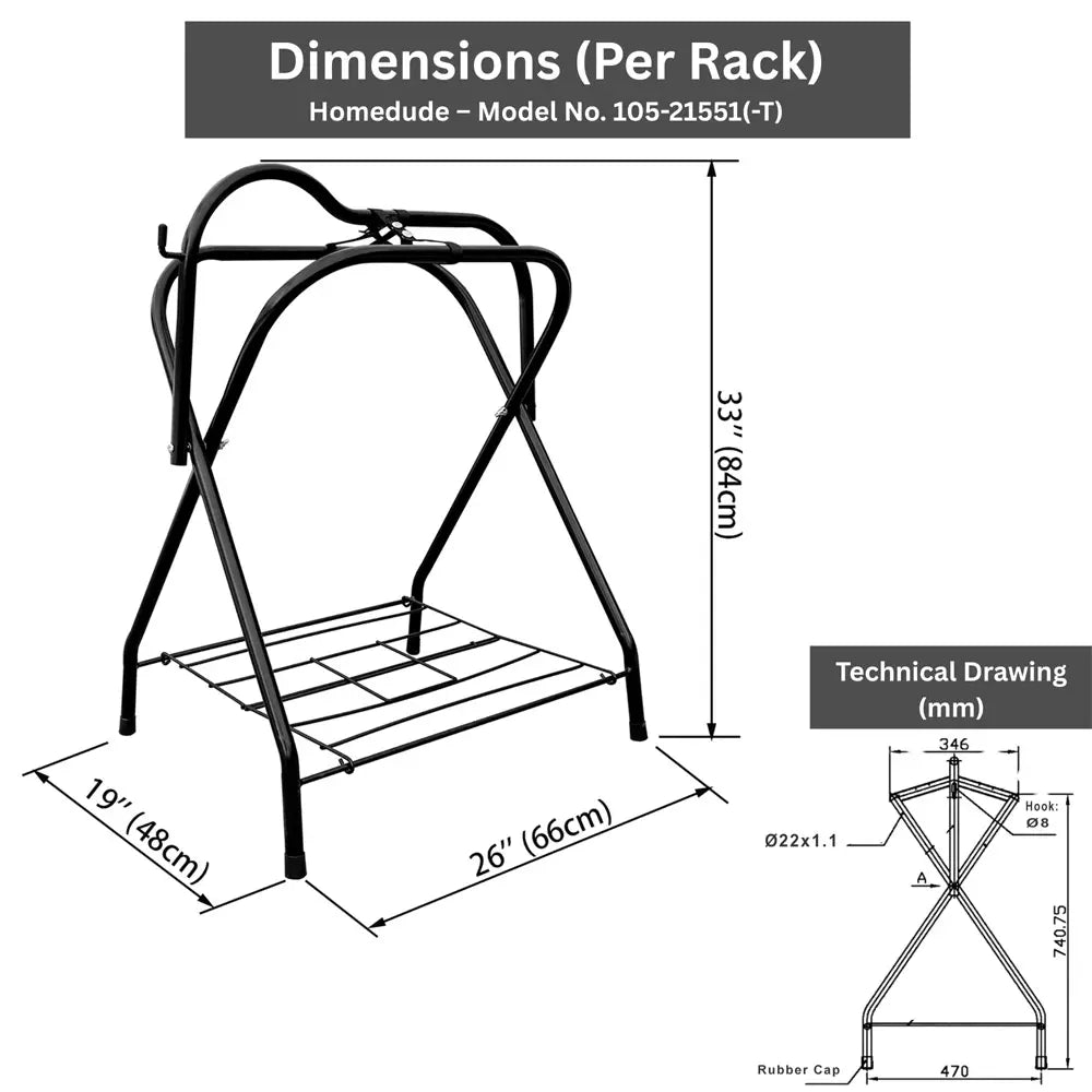 Technical drawing of horse saddle rack with dimensions 
