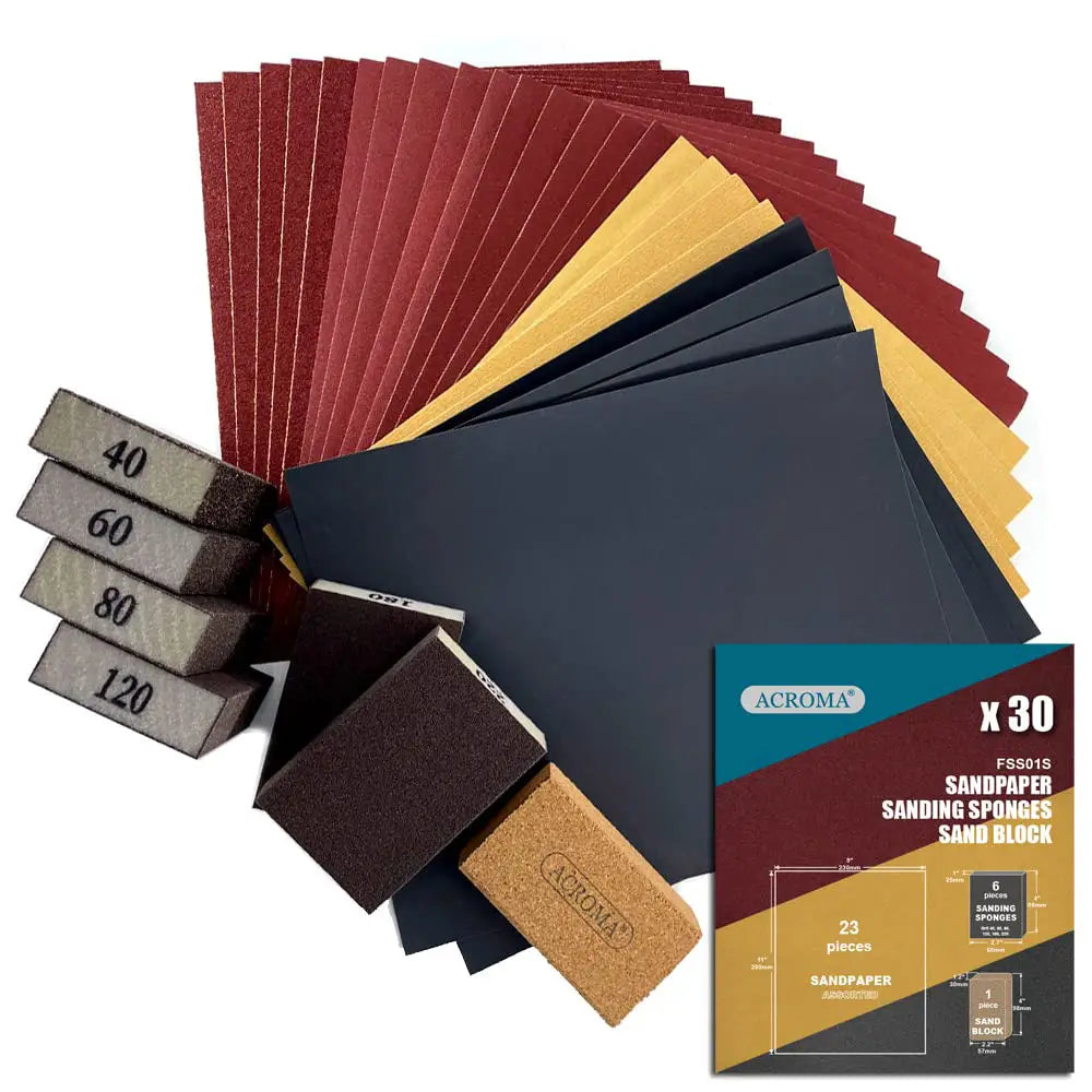 Collection of sandpaper, sanding sponges, and a sanding block with Acroma packaging on a white background.