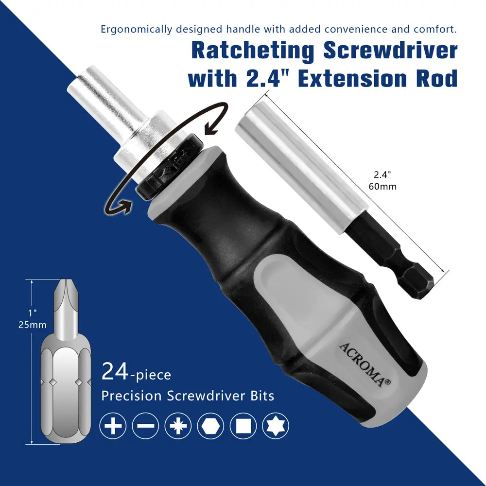 Ratcheting screwdriver with extension rod and ACROMA branding on a blue and white background