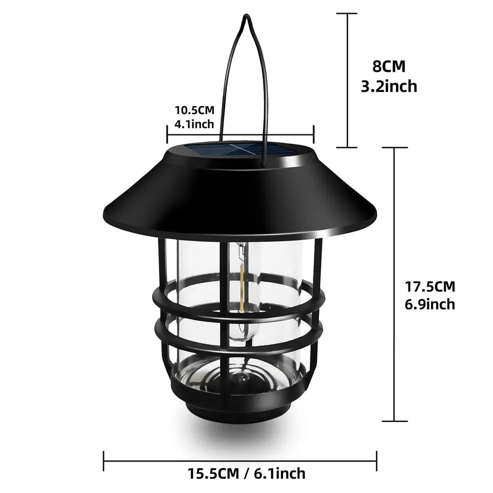 Black solar lantern with dimensions labeled on a white background