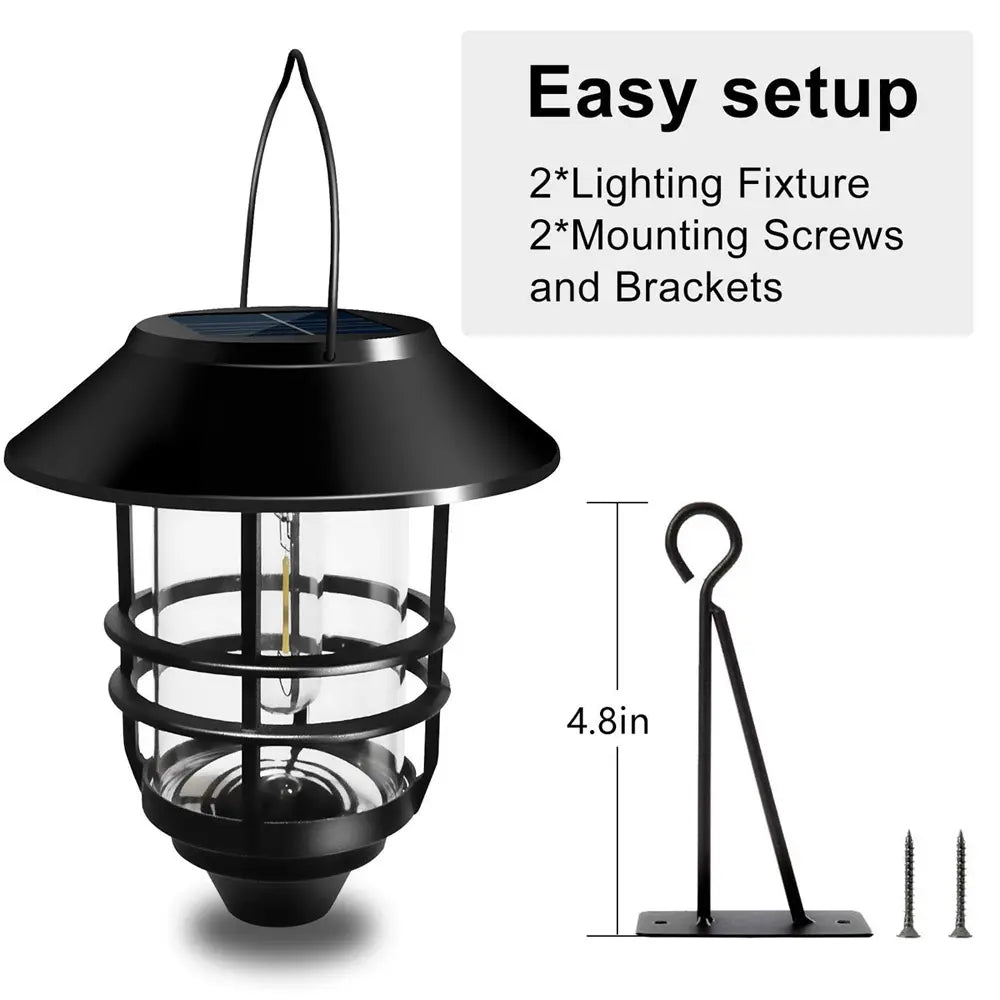 Black outdoor solar light fixture with mounting hardware on a white background