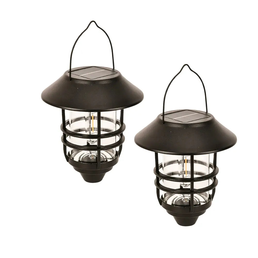 Two black solar-powered outdoor lanterns on a white background