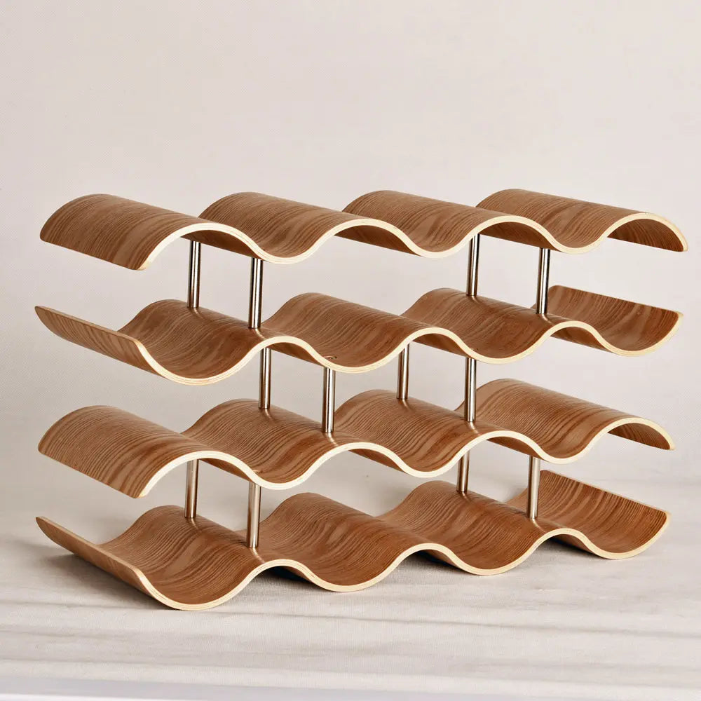 Wooden wavy wine rack on a light background