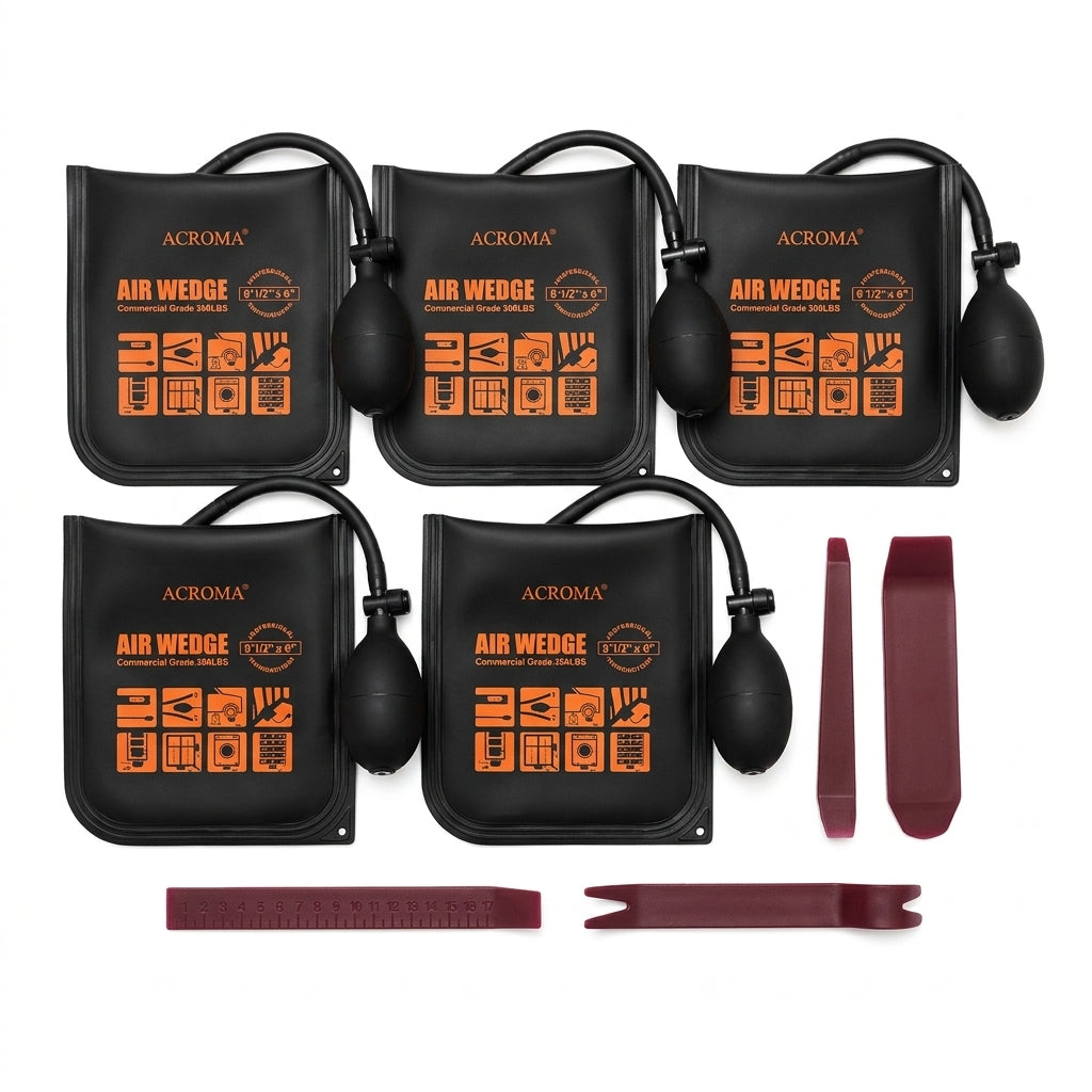 Acroma air wedge kit with five black inflatable wedges, hand pumps and four red plastic installation tools.