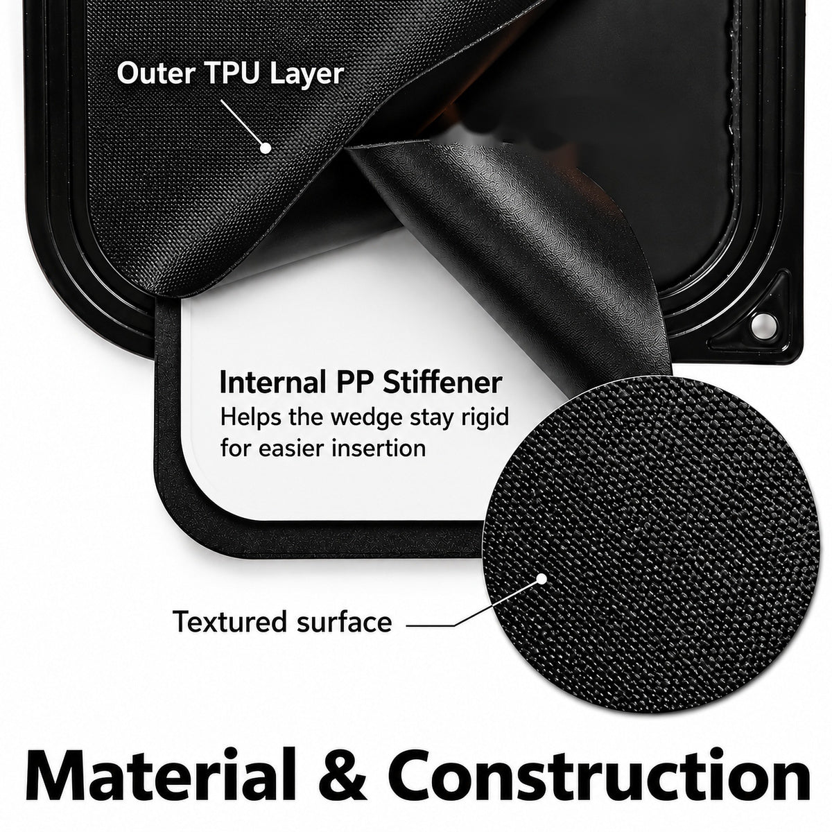 Acroma air wedge construction illustration showing black textured material, layered insert and reinforced perimeter.