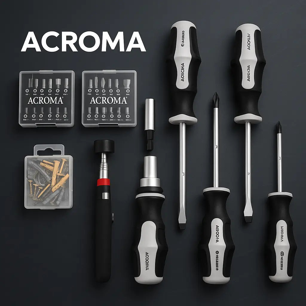 Collection of ACROMA screwdrivers and drill bits on a black background