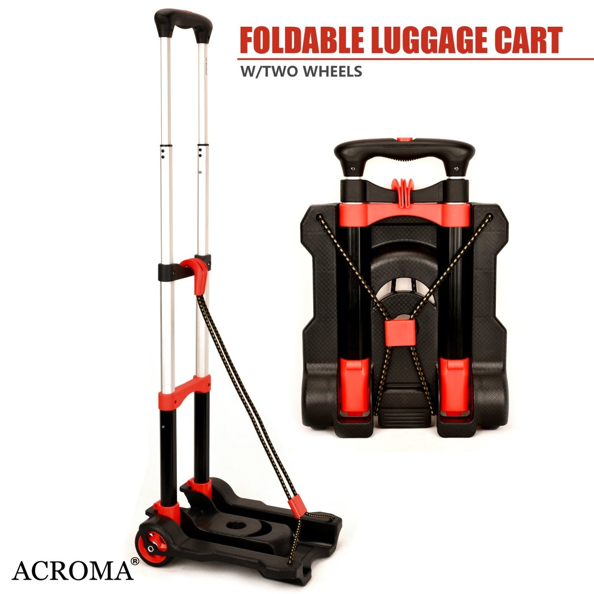 Aviation Aluminum Foldable Luggage Cart - Lightweight 35kgs Capacity Hand Truck, 2 - Wheel Utility Dolly with Elastic Ropes, Ideal for Travel & Office Use. (Red) - HomeDude OakAviation Aluminum Foldable Luggage Cart - Lightweight 35kgs Capacity Hand Truck, 2 - Wheel Utility Dolly with Elastic Ropes, Ideal for Travel & Office Use. (Red)Luggage Cart - PU RedHomeDude Oak
