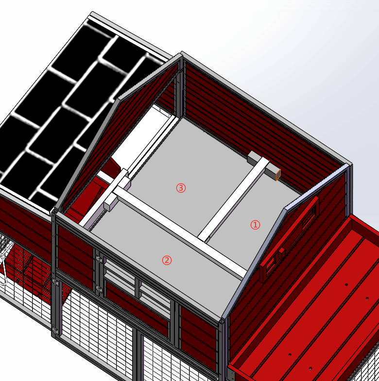Top-down view showing nesting box, roost, and planter box