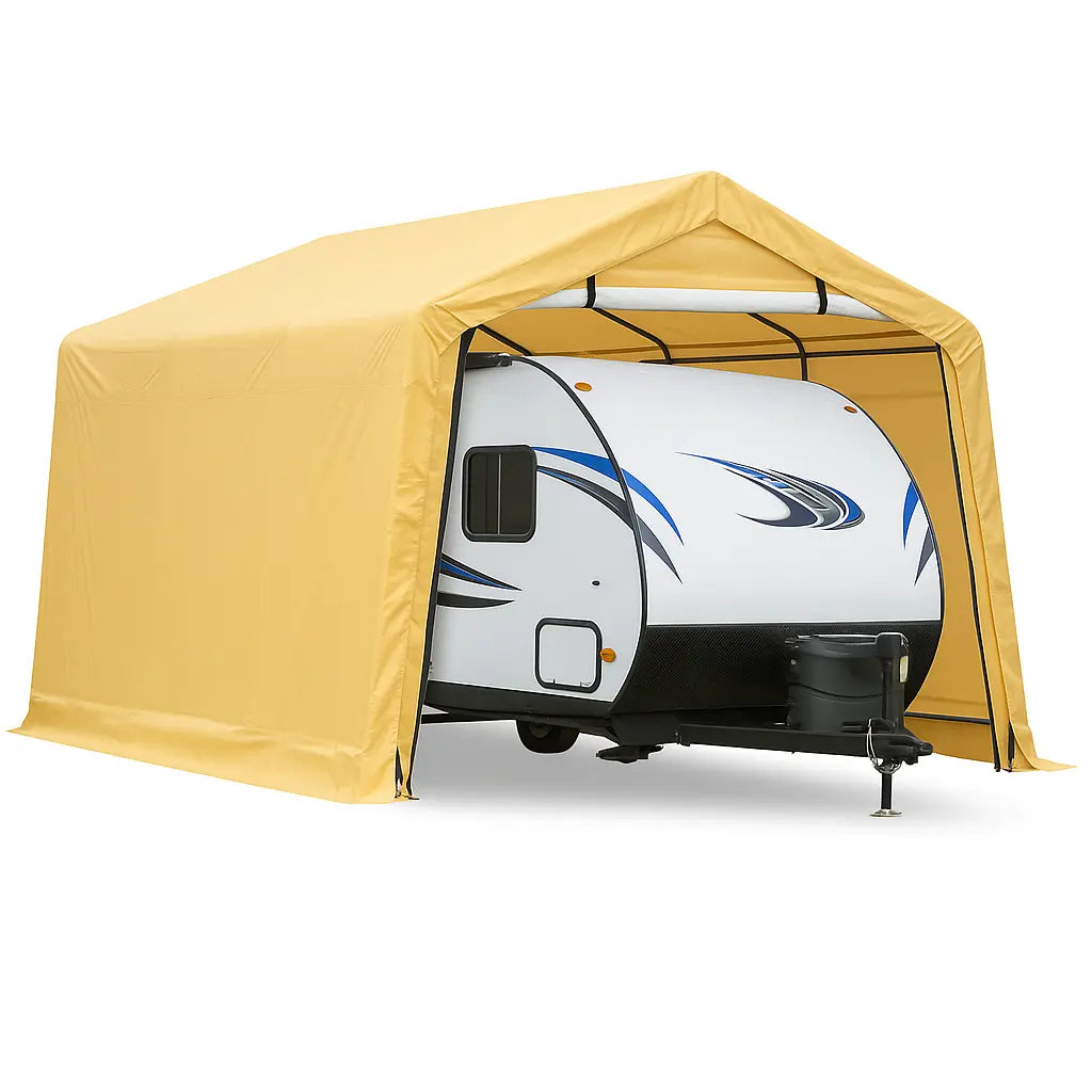 White RV trailer stored inside Homedude 10x20 ft heavy-duty outdoor carport with beige UV-resistant tarp cover.