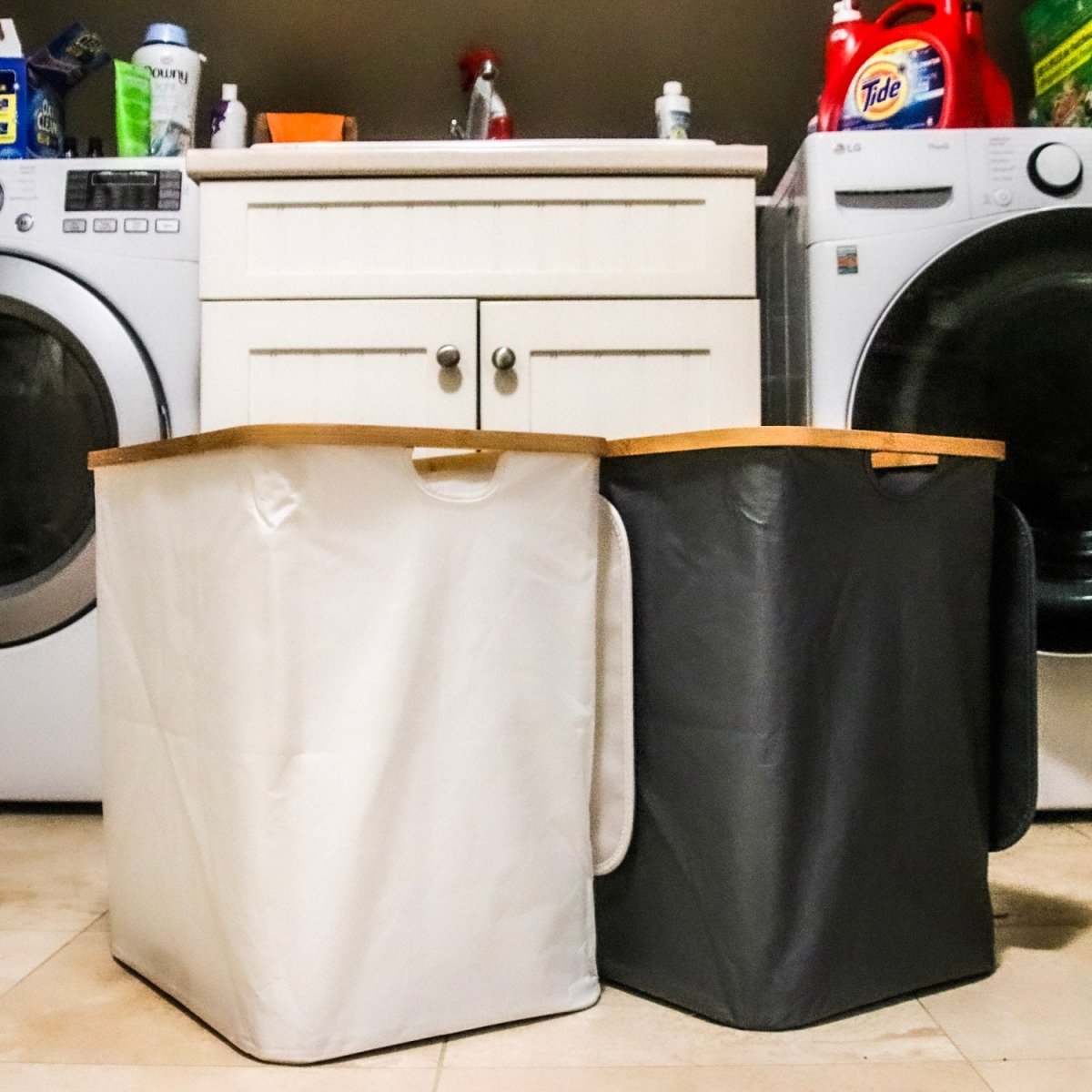 HomeDude 2 - Pack 77L Laundry Hamper with Lid, Foldable Clothes Basket with Handles, Waterproof & Collapsible Storage Bin for Bathroom, Laundry Room, etc. Large Capacity 154L Total (Dark Gray & Beige) - HomeDude OakHomeDude 2 - Pack 77L Laundry Hamper with Lid, Foldable Clothes Basket with Handles, Waterproof & Collapsible Storage Bin for Bathroom, Laundry Room, etc. Large Capacity 154L Total (Dark Gray & Beige)Laundry HampersHomeDude Oak