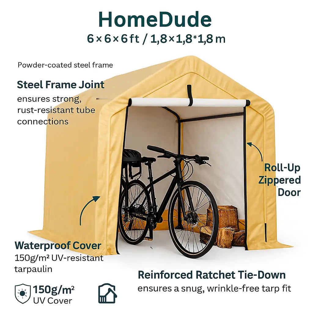 HomeDude 6x6 storage shelter infographic showing steel frame joints, waterproof 150g tarp, roll-up zippered door and ratchet tie-down system