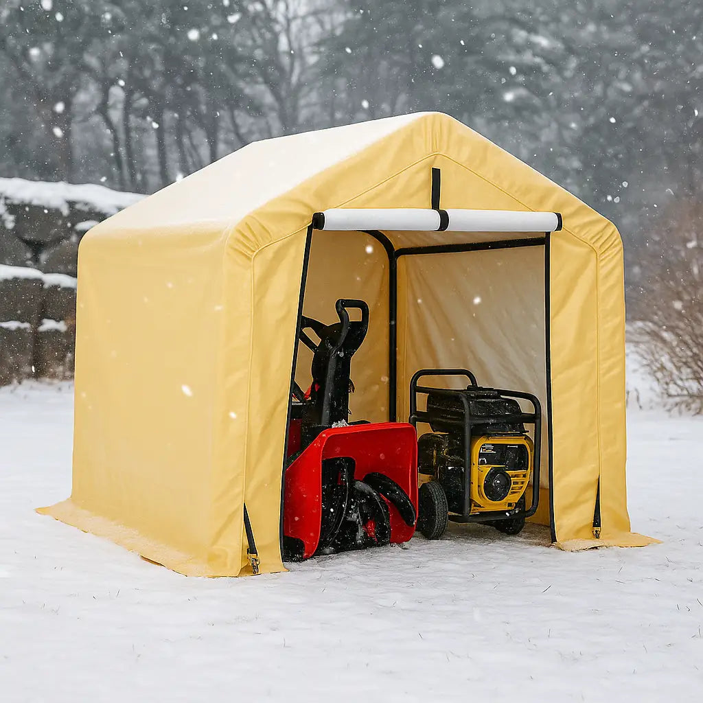 Yellow storage shed with a red snow blower and black generator inside, during a snowfall.