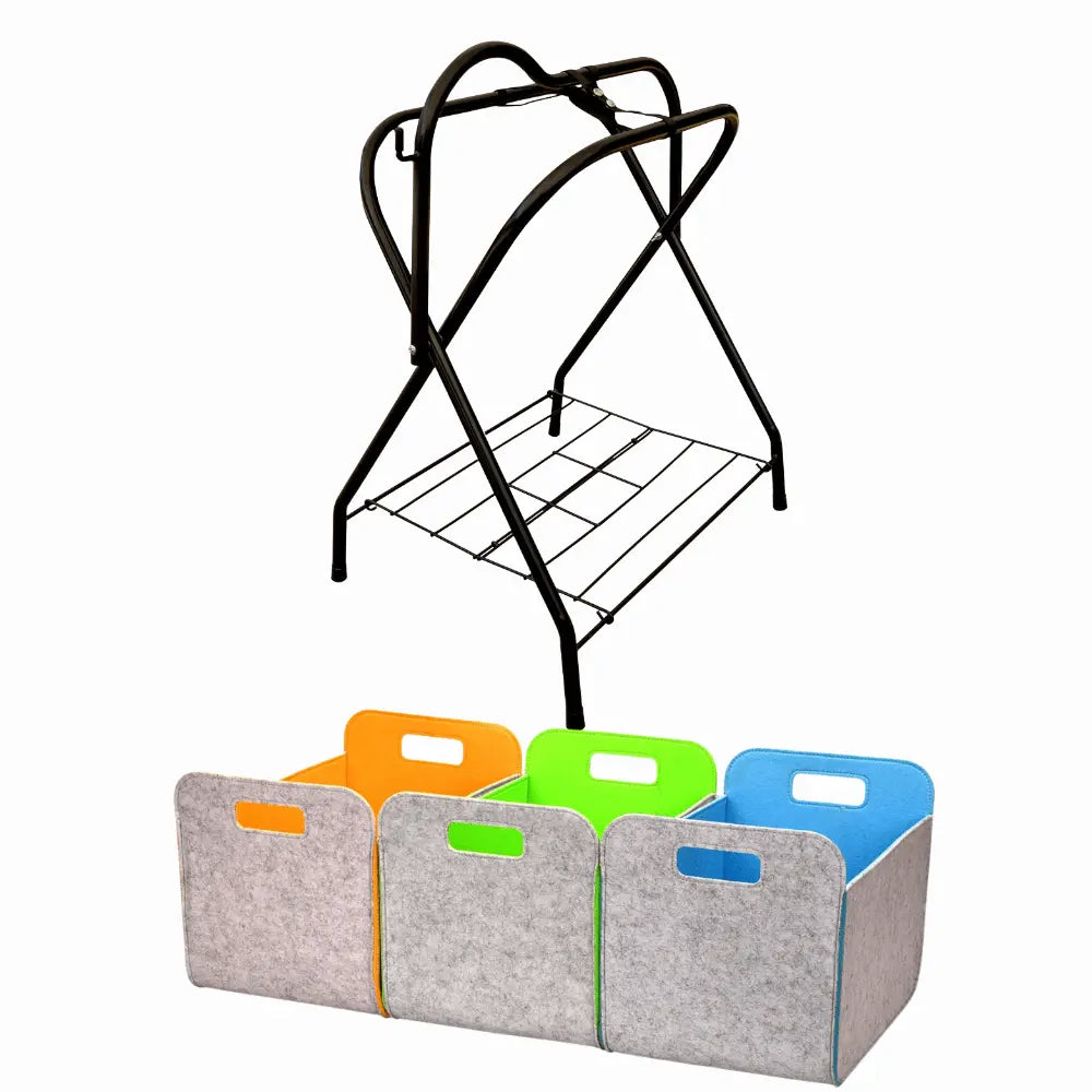 HomeDude Foldable Metal Saddle Rack with 3 Felt Storage Baskets – Heavy-Duty Horse Saddle Stand and Stable Organizer Combo.