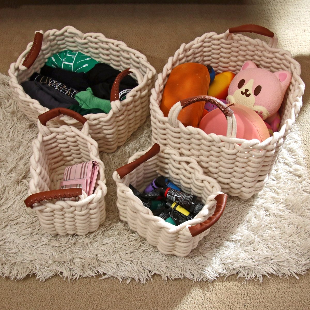 Homedude Handmade Cotton Rope Basket Set with Genuine Leather Accents (4 - Pack) ?€? Premium Artisan Storage Bins for Modern Home Decor and Organization (Pristine White) - HomeDude OakHomedude Handmade Cotton Rope Basket Set with Genuine Leather Accents (4 - Pack) ?€? Premium Artisan Storage Bins for Modern Home Decor and Organization (Pristine White)Cotton Rope BasketHomeDude Oak