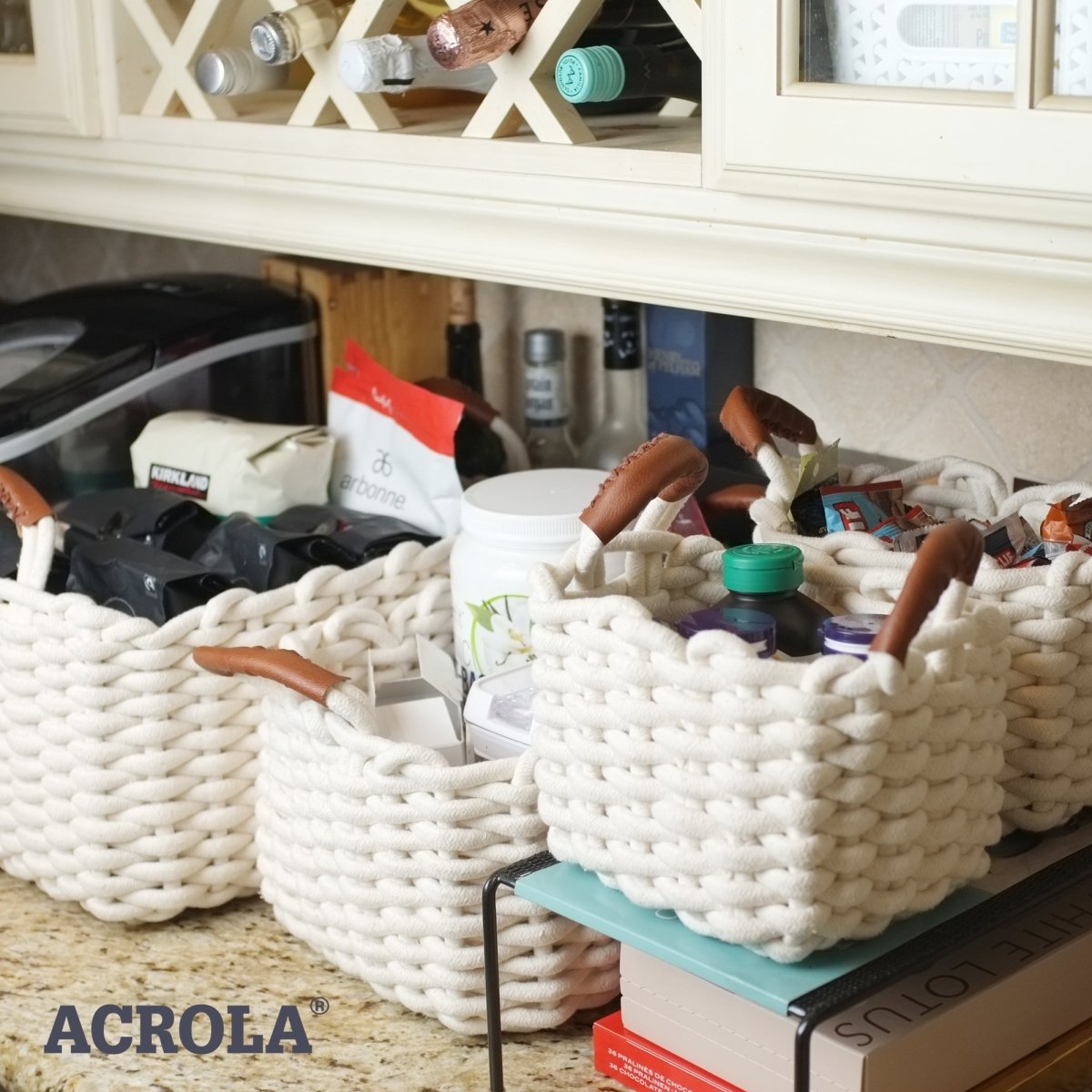 Homedude Handmade Cotton Rope Basket Set with Genuine Leather Accents (4 - Pack) ?€? Premium Artisan Storage Bins for Modern Home Decor and Organization (Pristine White) - HomeDude OakHomedude Handmade Cotton Rope Basket Set with Genuine Leather Accents (4 - Pack) ?€? Premium Artisan Storage Bins for Modern Home Decor and Organization (Pristine White)Cotton Rope BasketHomeDude Oak