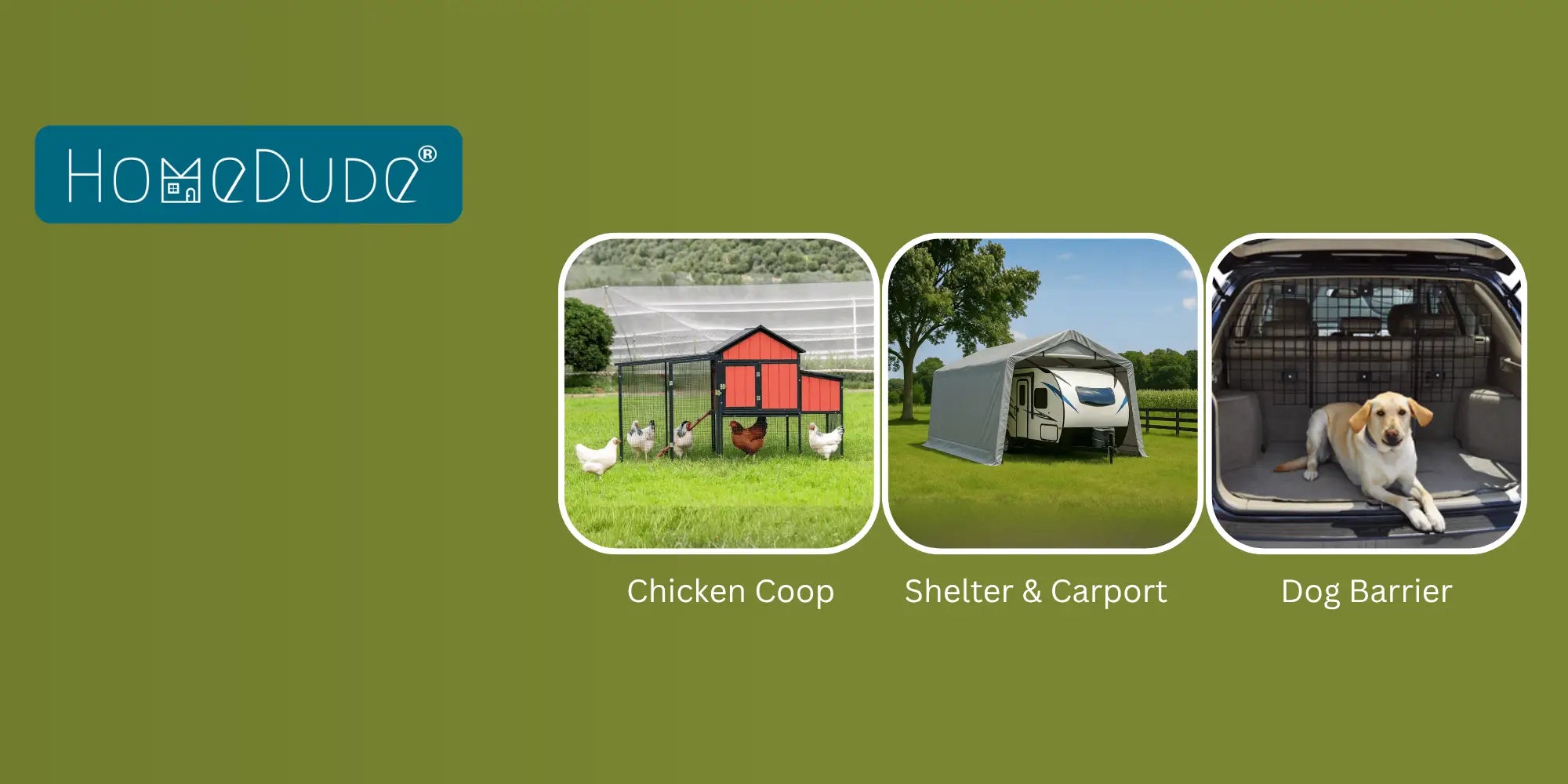 HomeDude homepage hero showing chicken coop, shelter, and dog barrier product categories