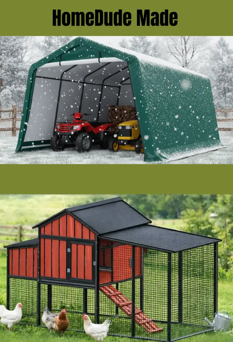 HomeDude heavy-duty outdoor shelter used for winter equipment storage