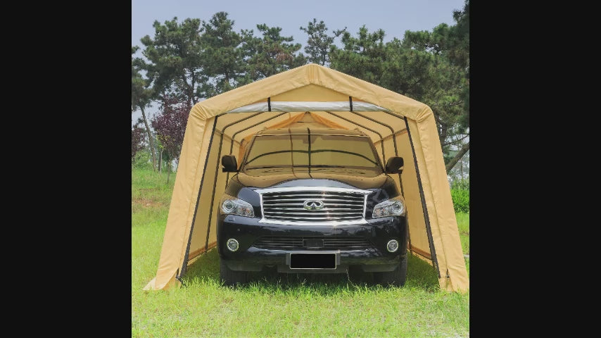 Assembly video of Homedude 10x20 ft carport shelter showing step-by-step installation of steel frame, PE tarpaulin cover, anchoring system, and roll-up door