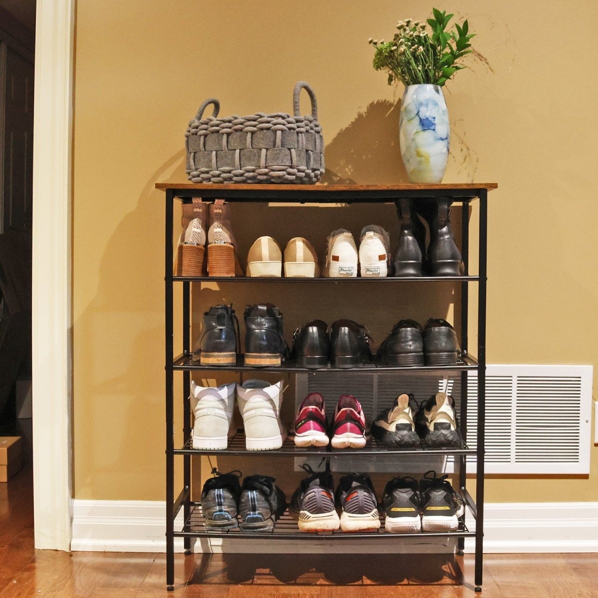 Versatile 5 - Tier Metal and Wood Shoe Rack - HomeDude OakVersatile 5 - Tier Metal and Wood Shoe RackShoe RackHomeDude Oak
